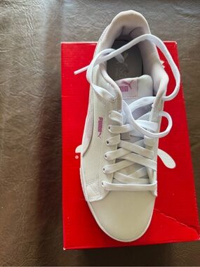 Puma Women's White Lace-Up Sneaker with Pink Logo Accent
